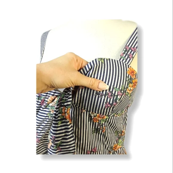 Iris Striped Tank Top Womens Fit & Flare Sleeveless Floral Bow Padded Low Cut-L - Picture 7 of 16